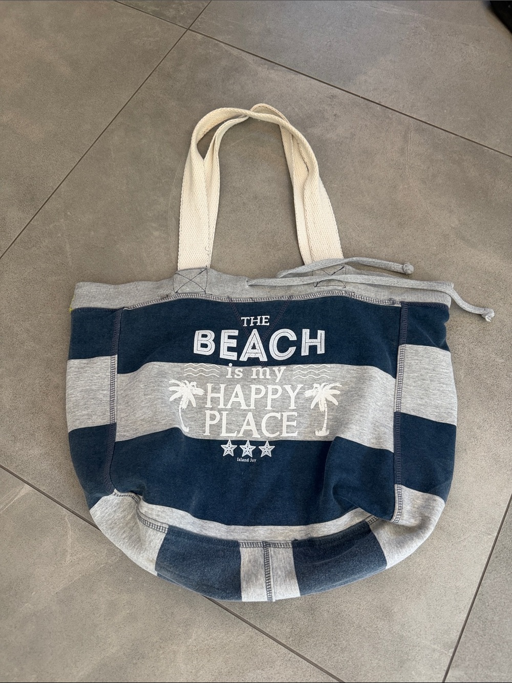 Striped Navy & Gray Beach Tote - "The Beach is My Happy Place"